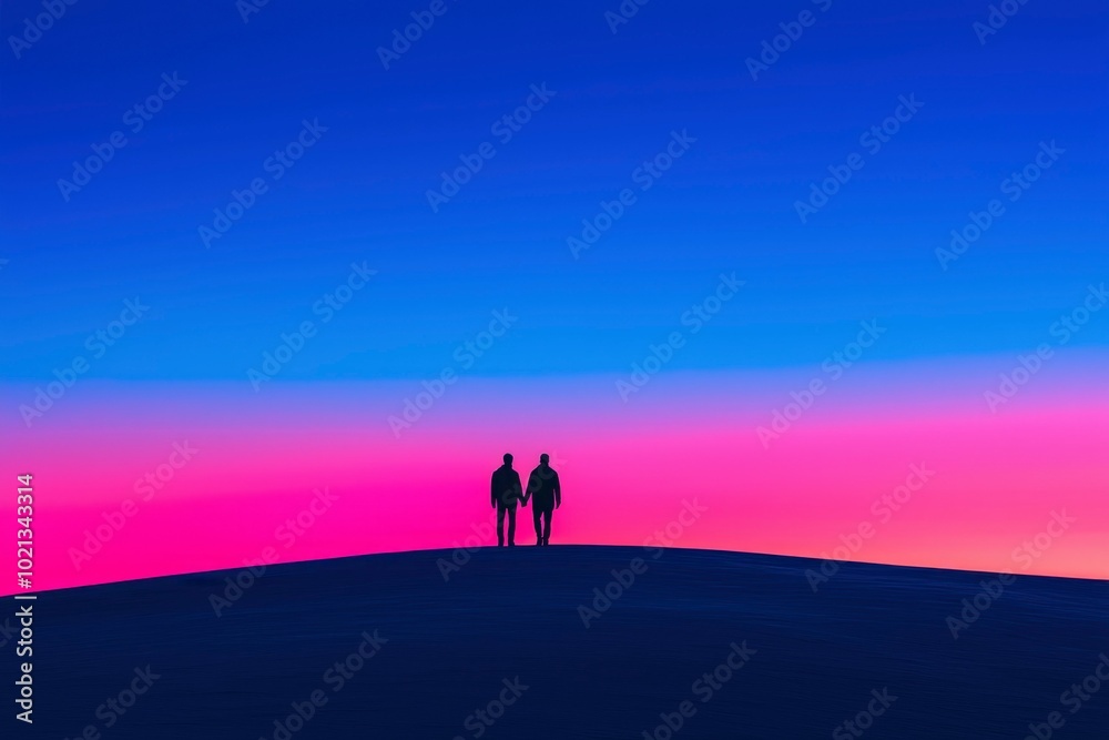 Two Silhouettes Holding Hands on a Hilltop with a Vibrant Pink and Blue Gradient Sky Two Silhouettes Holding Hands on a Hilltop with a Vibrant Pink and Blue Gradient Sky