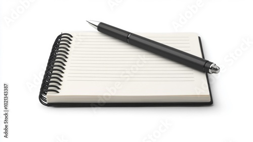 Black pen placed on a spiral-bound notepad on a white background for stationary and writing purposes. Generative AI