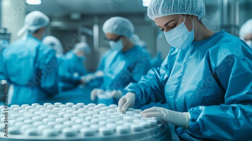 Workers inspecting pharmaceutical labels for accuracy in a cleanroom, cold white light, closeup shot photo