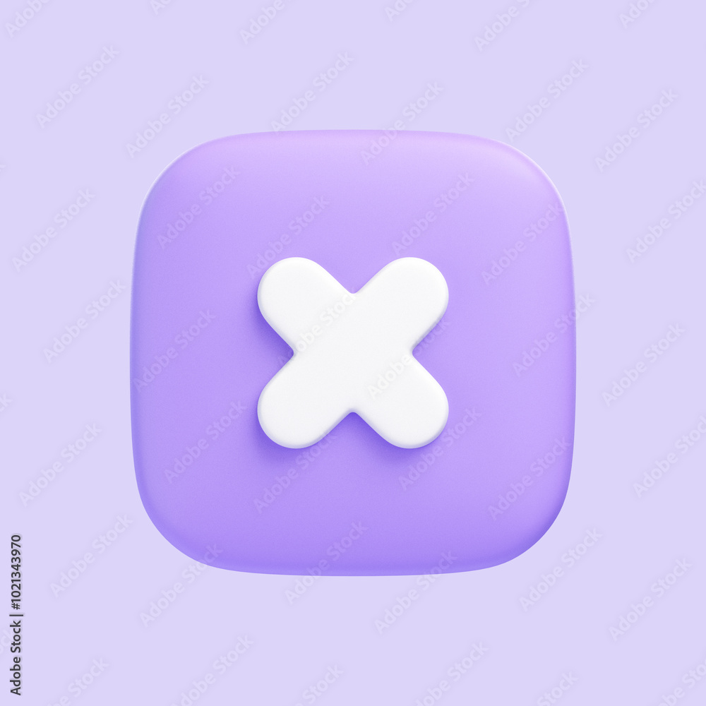 White cross on a purple square button, symbolizing cancelation, rejection, or an error in a digital interface. 3D icon, sign and symbol. 3D render illustration White cross on a purple square button, symbolizing cancelation, rejection, or an error in a digital interface. 3D icon, sign and symbol. 3D render illustration