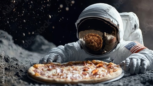 An astronaut enjoying a delicious pizza on the moon's surface during a space mission under the stars