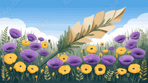 Lush meadow with violet and gold poppies, resembling paper quills.