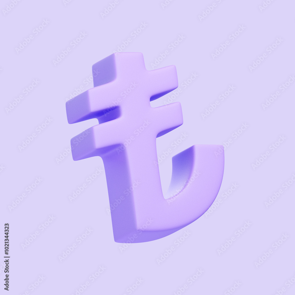 Obraz premium Turkish lira currency symbol in light purple, isolated against a matching pastel background. 3D icon, sign and symbol. 3D render illustration