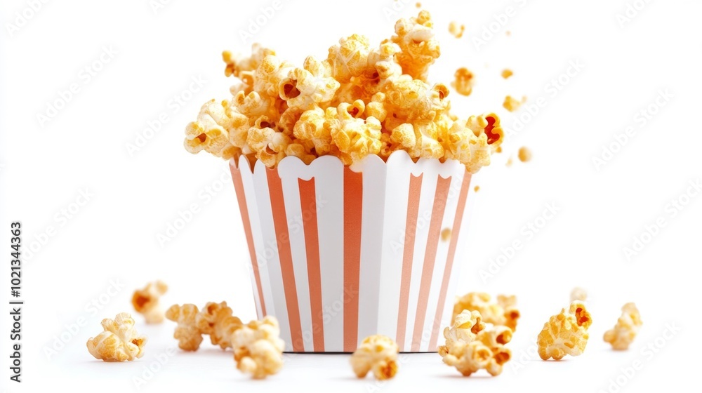 Close-up of a popcorn bucket with crispy freshly popped popcorn spilling out on a white background in a realistic style perfect for movie night visuals or snack-related designs.. Generative AI Close-up of a popcorn bucket with crispy freshly popped popcorn spilling out on a white background in a realistic style perfect for movie night visuals or snack-related designs.. Generative AI