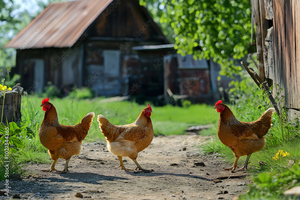 Fototapeta premium Chickens Roaming in the Yard: Free-range chickens pecking at the ground in a sunny farmyard, with a rustic barn in the background