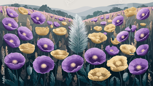 Lush meadow with violet and gold poppies, resembling paper quills.