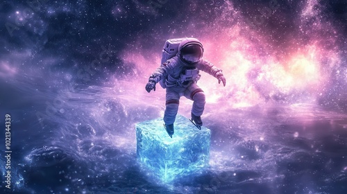 An astronaut floats above a glowing ice cube in a cosmic environment surrounded by colorful nebulas and stars