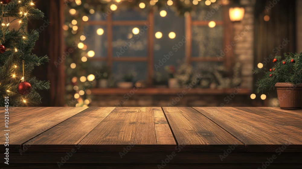 Empty wooden table with christmas theme in background Empty wooden table with christmas theme in background