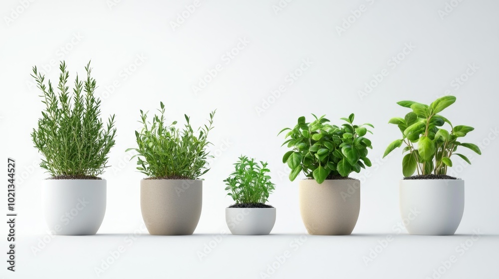Row of potted herb plants in minimalist white and beige planters isolated on a clean white background perfect for indoor gardening or nature-themed product displays.. Generative AI Row of potted herb plants in minimalist white and beige planters isolated on a clean white background perfect for indoor gardening or nature-themed product displays.. Generative AI