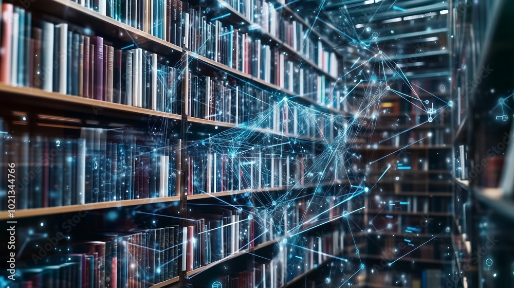 Fototapeta premium A futuristic library with digital connections between books highlighted by glowing lines and particles