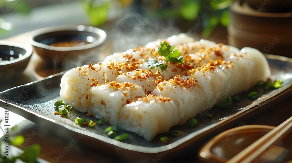 A side-angle photograph of a Banh Cuon dish, focusing on the delicate texture of the steamed rice rolls and the golden fried shallots sprinkled on top. Steam rises gently from the rolls, A side-angle photograph of a Banh Cuon dish, focusing on the delicate texture of the steamed rice rolls and the golden fried shallots sprinkled on top. Steam rises gently from the rolls,