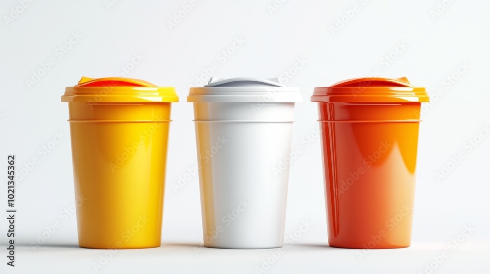 Sharps Disposal Containers in Yellow White and Orange on a White Background Realistic Medical Design. Generative AI