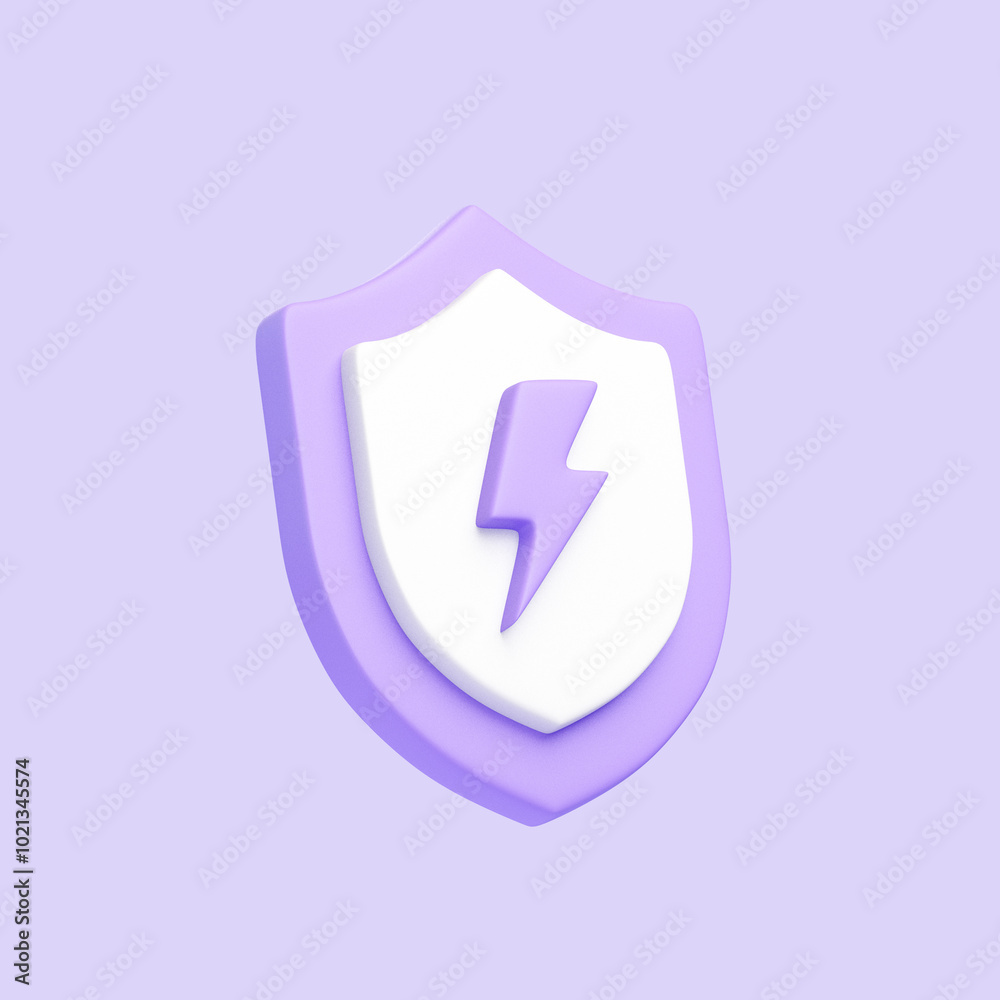 Shield in pastel purple and white with a central lightning bolt icon, symbolizing protection and energy. 3D icon, sign and symbol. 3D render illustration Shield in pastel purple and white with a central lightning bolt icon, symbolizing protection and energy. 3D icon, sign and symbol. 3D render illustration