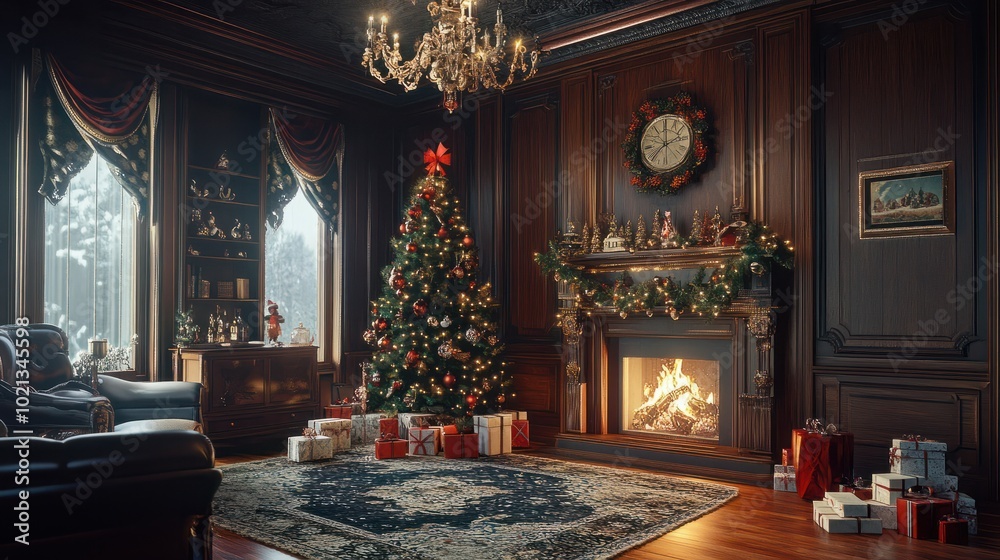 Festive interior with decorated Christmas tree and fireplace Festive interior with decorated Christmas tree and fireplace
