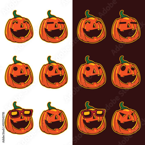 Halloween Pumpkins Vector Set Halloween pumpkins with different carved faces. Perfect for Halloween decorations, invitations and holiday decorations.
 photo