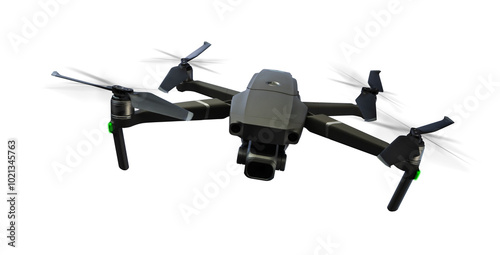 A black flying drone isolated on transparent background