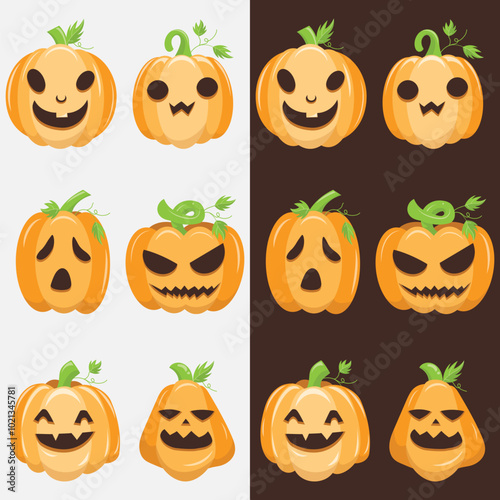 Halloween Pumpkins Vector Set Halloween pumpkins with different carved faces. Perfect for Halloween decorations, invitations and holiday decorations.
 photo