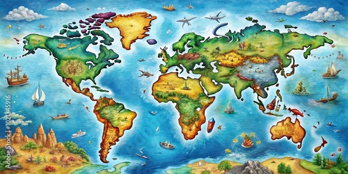 Detailed World Map Illustration Featuring Continents, Oceans, and Geographic Highlights in Vibrant Colors