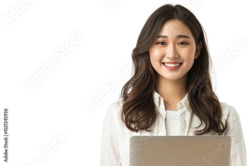 Portrait of a happy asian businesswoman working on laptop computer isolated over white background