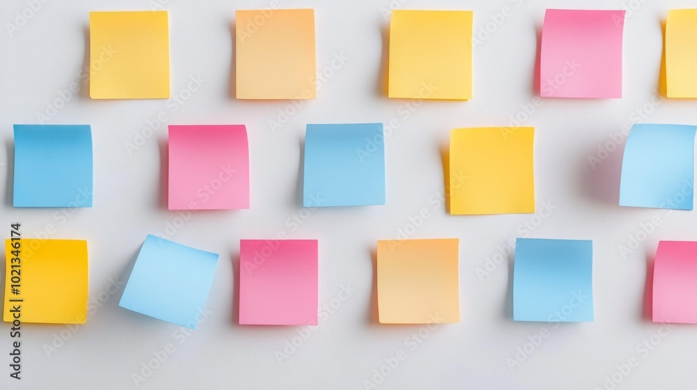 Colorful sticky notes arranged on a white background in a grid pattern realistic and vibrant office supply image perfect for organizing ideas reminders or creative projects. Generative AI Colorful sticky notes arranged on a white background in a grid pattern realistic and vibrant office supply image perfect for organizing ideas reminders or creative projects. Generative AI