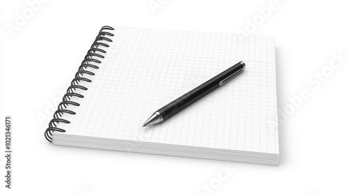 Black pen resting on an open spiral notebook with a grid pattern on white background realistic office or school supply visual. Generative AI