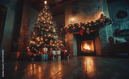 Árbol de Navidad con regalos debajo, chimenea y adornos en la habitación. Escena nocturna navideña. 8K, foto real, fotografía al estilo de la fotografía.