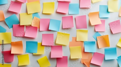 Colorful sticky notes scattered on a white surface creating a vibrant and organized workspace aesthetic. Generative AI