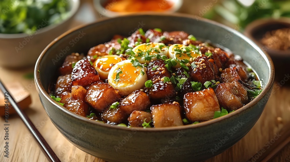 A side-angle photograph of a Thit Kho dish, focusing on the delicate layers of caramelized pork belly and the soft texture of the braised eggs, glistening in the rich sauce. A side-angle photograph of a Thit Kho dish, focusing on the delicate layers of caramelized pork belly and the soft texture of the braised eggs, glistening in the rich sauce.