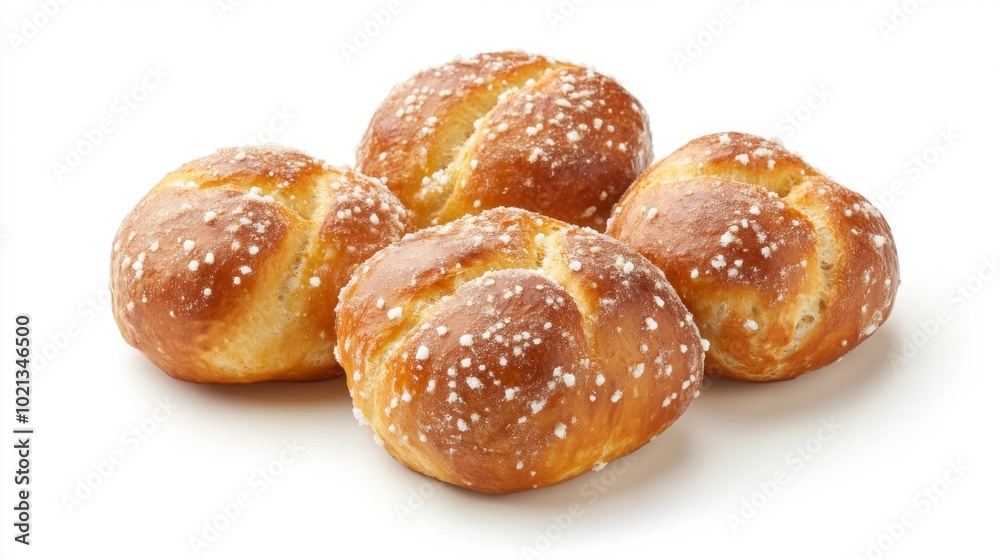Freshly baked pretzel rolls on a white background traditional bread with coarse salt topping. Generative AI Freshly baked pretzel rolls on a white background traditional bread with coarse salt topping. Generative AI