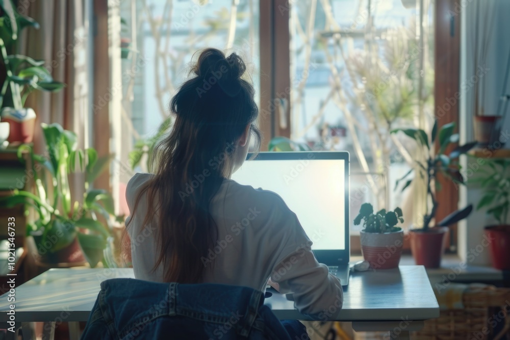 women using laptop computer working at home with blank white desktop screen. women using laptop computer working at home with blank white desktop screen.