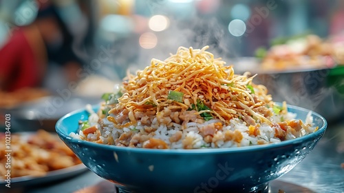 A side-angle photograph of a Xoi dish, focusing on the delicate texture of the sticky rice, the crispy fried shallots, and the soft shredded pork floss on top. photo