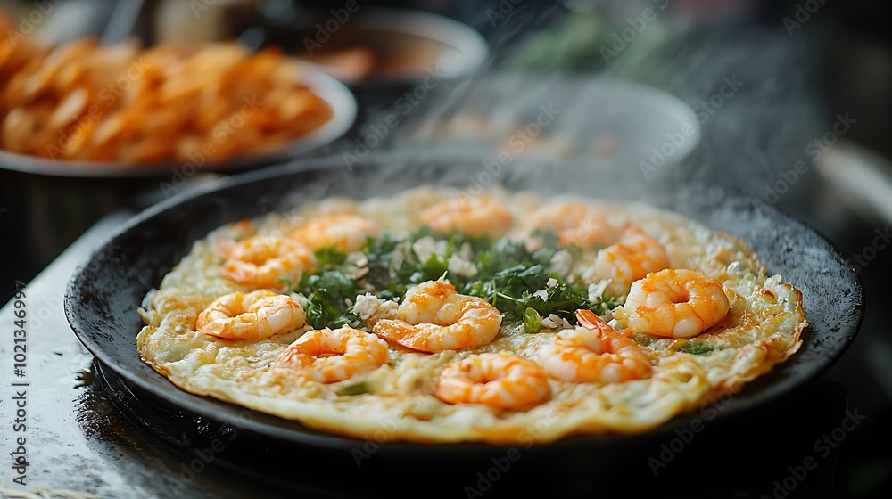 A side-angle photograph of Banh Xeo, focusing on the texture of the crispy pancake and the vibrant orange shrimp and green herbs inside.