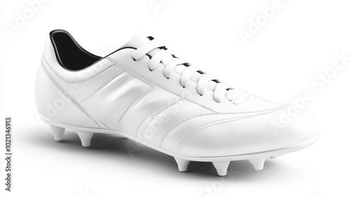 White soccer cleat with laces on a white background realistic sports footwear image for stock photos. Suitable for articles ads or designs related to soccer footwear or sports fashion.. Generative AI