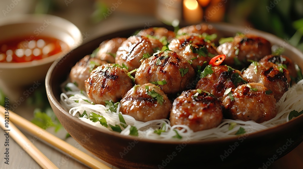 A side-angle photograph of Bun Cha, showcasing the smoky grilled pork patties on a bed of fresh vermicelli noodles, A side-angle photograph of Bun Cha, showcasing the smoky grilled pork patties on a bed of fresh vermicelli noodles,