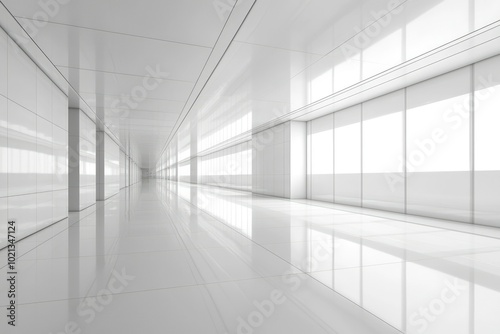 A Long, White, Modern Corridor with Windows and a Tiled Floor