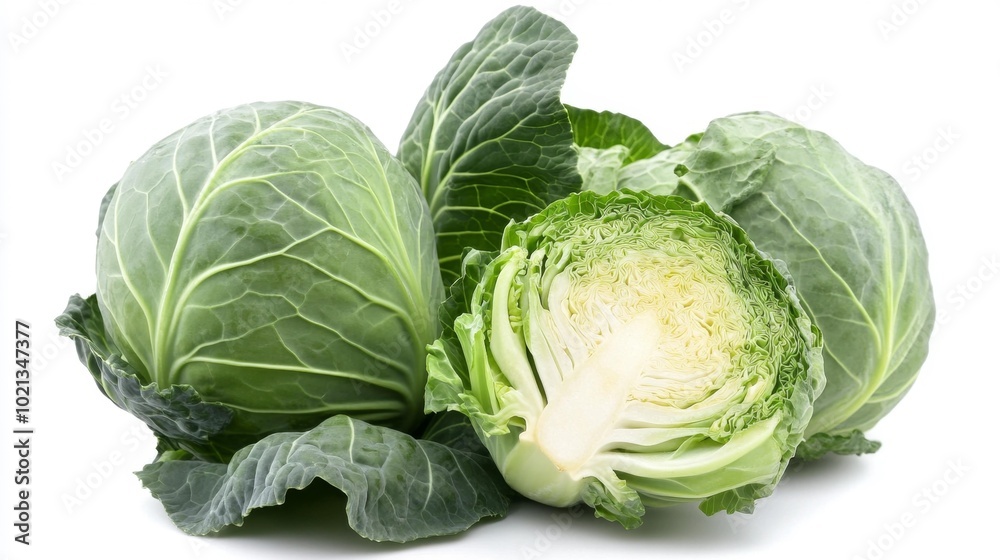 Fototapeta premium Two fresh green cabbage heads with one cut in half isolated on a white background. Generative AI