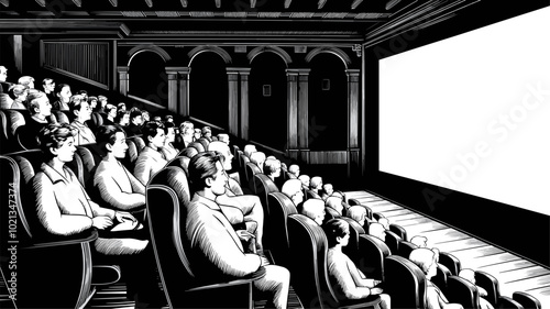 A black and white photograph capturing the raw emotions of a crowd watching a film in a historic cinema.