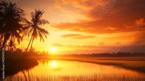 Tranquil afternoon scene: Orange hues paint the sky as the sun sets, casting a warm glow on the deserted beach and golden rice fields below. 