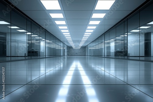 Empty Corridor with Glass Walls and Bright Lights