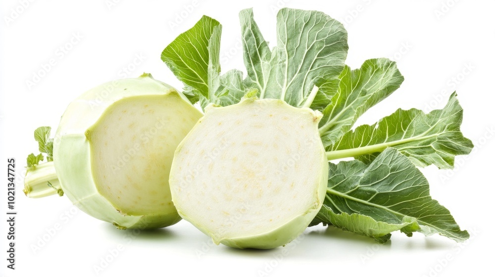 Two Kohlrabi one cut in half with leaves isolated on a white background. Generative AI Two Kohlrabi one cut in half with leaves isolated on a white background. Generative AI