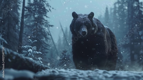 Grizzly bear in the snowy forest. 3D rendering