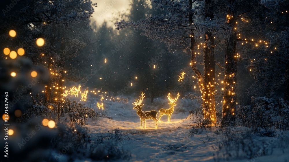 Magical Winter Pathway Adorned With Glowing Reindeer and Twinkling Lights at Dusk Magical Winter Pathway Adorned With Glowing Reindeer and Twinkling Lights at Dusk