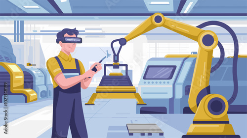 A maintenance worker using augmented reality to perform repairs in a futuristic warehouse.