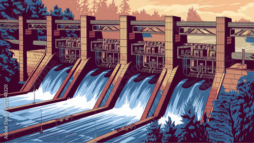 A vintage-style illustration showcasing the intricate engineering and design of a hydroelectric dam.