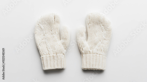 Pair of White Knitted Winter Mittens on White Background