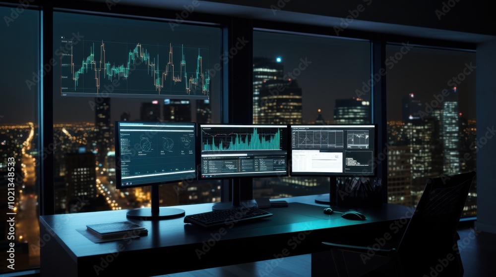 A dimly lit office presents a sleek, tech-driven ambiance with glowing monitors, displaying data graphs, poised high above a bustling cityscape. A dimly lit office presents a sleek, tech-driven ambiance with glowing monitors, displaying data graphs, poised high above a bustling cityscape.