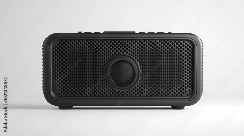 Portable black speaker with modern mesh design on a white background front view high-quality studio photo. Generative AI