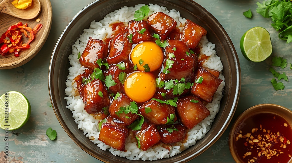 A top-down view of a beautifully arranged Thit Kho dish, featuring caramelized pork belly and golden brown eggs nestled in a deep, glossy braising sauce, served over a bed of steamed white rice.