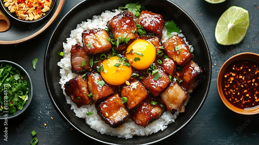 A top-down view of a beautifully arranged Thit Kho dish, featuring caramelized pork belly and golden brown eggs nestled in a deep, glossy braising sauce, served over a bed of steamed white rice.