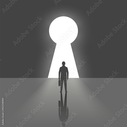 Businessman in suit standing in front of keyhole. Solution to problem business concept. Man looks at open opportunities. Male walking go to goal. Vector illustration flat design.